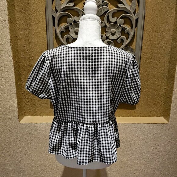 Discreet XL Gingham Tie-Front Peplum Top Puff Sleeves  Boho Y2K Baby Doll Flowy - Picture 2 of 5